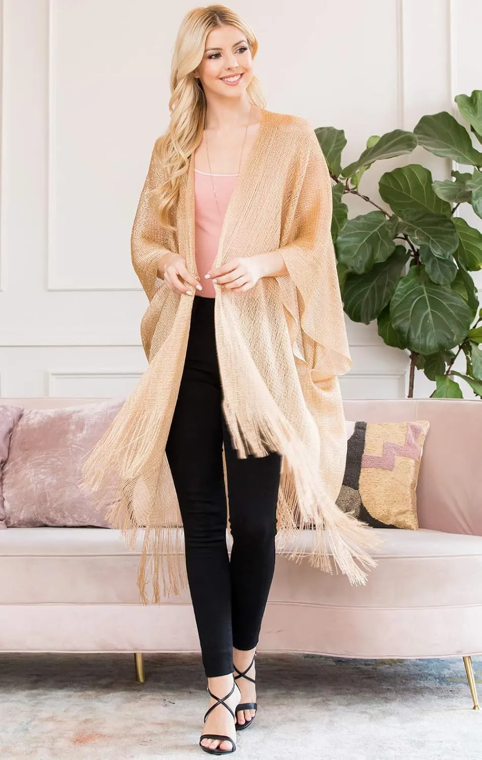 RIAH FASHION Bohemian Sequin Glitter Shawl Wrap Poncho - Kimono Cardigan, Sparkly Metallic Mesh Scarf, Open Knit Crochet