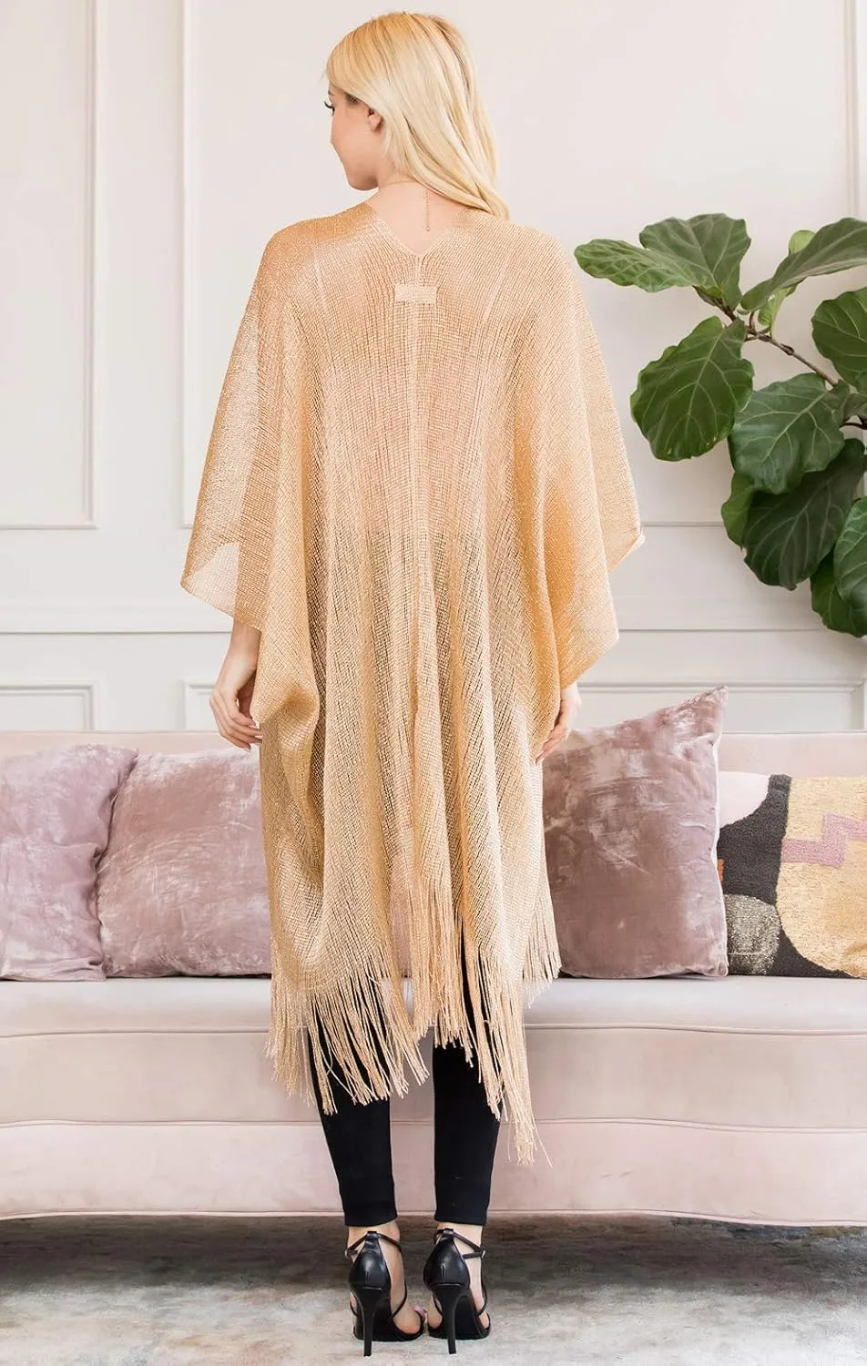RIAH FASHION Bohemian Sequin Glitter Shawl Wrap Poncho - Kimono Cardigan, Sparkly Metallic Mesh Scarf, Open Knit Crochet