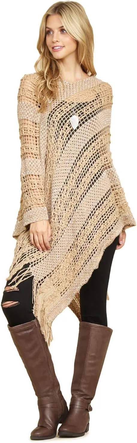 RIAH FASHION Bohemian Sequin Glitter Shawl Wrap Poncho - Kimono Cardigan, Sparkly Metallic Mesh Scarf, Open Knit Crochet