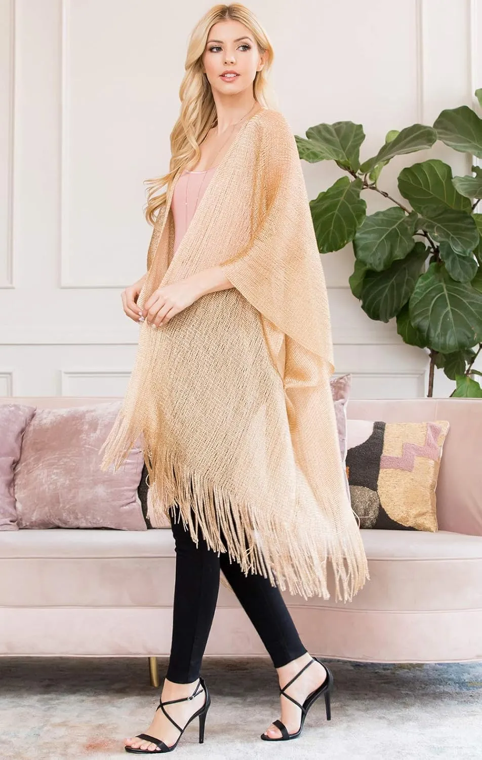 RIAH FASHION Bohemian Sequin Glitter Shawl Wrap Poncho - Kimono Cardigan, Sparkly Metallic Mesh Scarf, Open Knit Crochet