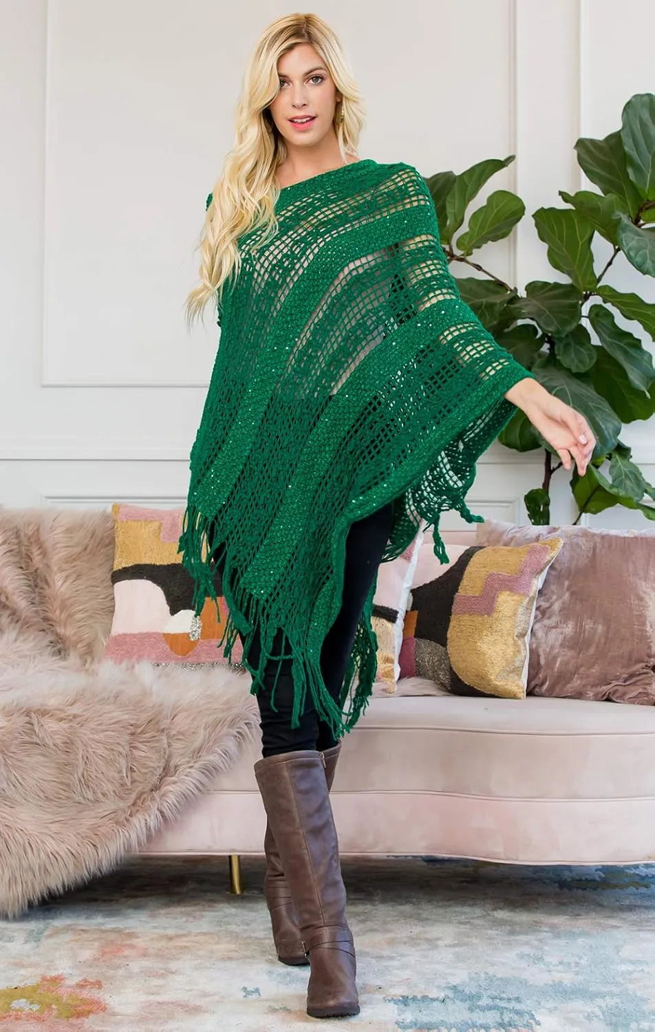 RIAH FASHION Bohemian Sequin Glitter Shawl Wrap Poncho - Kimono Cardigan, Sparkly Metallic Mesh Scarf, Open Knit Crochet