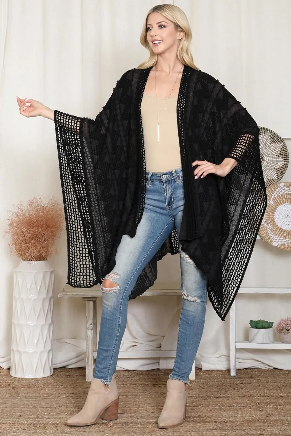 RIAH FASHION Bohemian Sequin Glitter Shawl Wrap Poncho - Kimono Cardigan, Sparkly Metallic Mesh Scarf, Open Knit Crochet