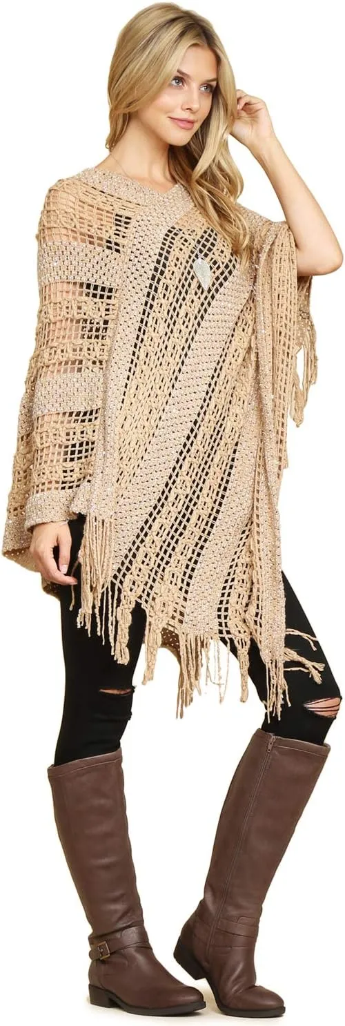 RIAH FASHION Bohemian Sequin Glitter Shawl Wrap Poncho - Kimono Cardigan, Sparkly Metallic Mesh Scarf, Open Knit Crochet