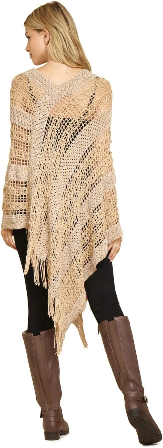 RIAH FASHION Bohemian Sequin Glitter Shawl Wrap Poncho - Kimono Cardigan, Sparkly Metallic Mesh Scarf, Open Knit Crochet