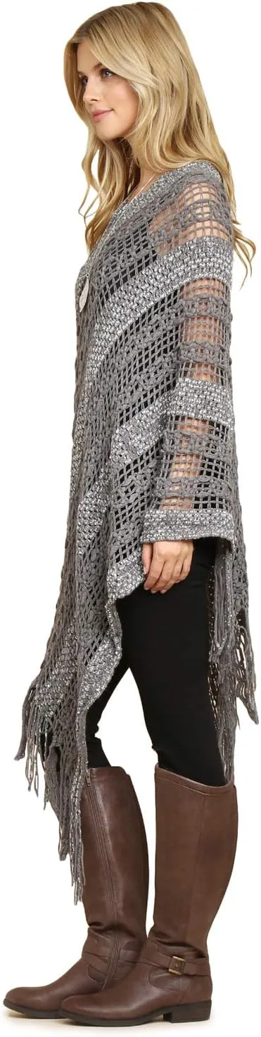 RIAH FASHION Bohemian Sequin Glitter Shawl Wrap Poncho - Kimono Cardigan, Sparkly Metallic Mesh Scarf, Open Knit Crochet