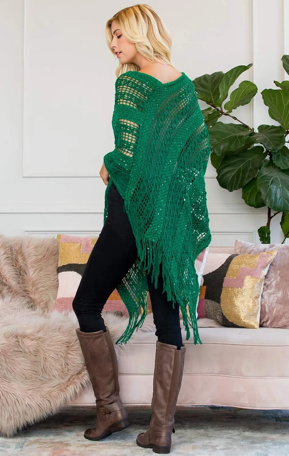 RIAH FASHION Bohemian Sequin Glitter Shawl Wrap Poncho - Kimono Cardigan, Sparkly Metallic Mesh Scarf, Open Knit Crochet