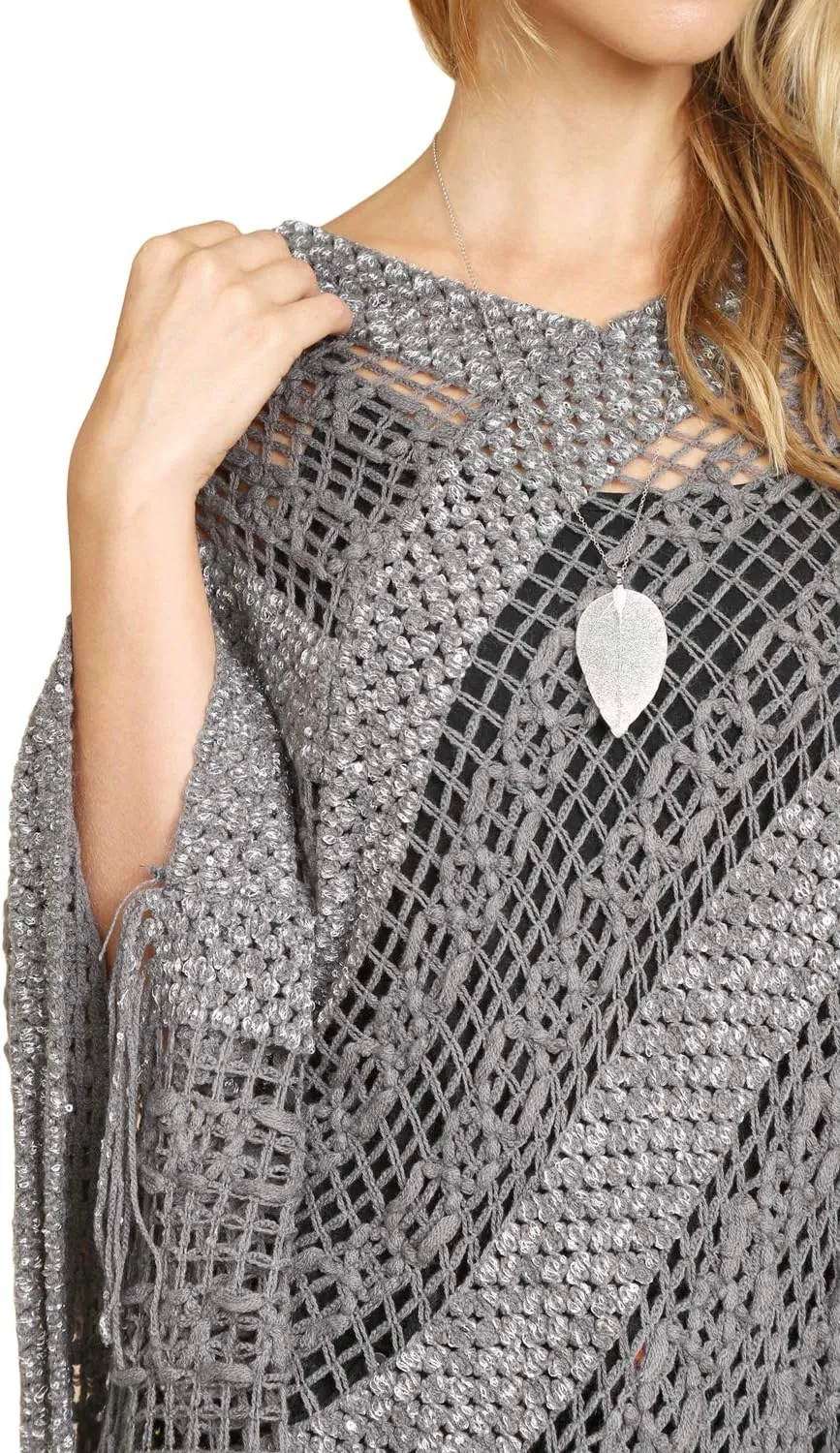 RIAH FASHION Bohemian Sequin Glitter Shawl Wrap Poncho - Kimono Cardigan, Sparkly Metallic Mesh Scarf, Open Knit Crochet