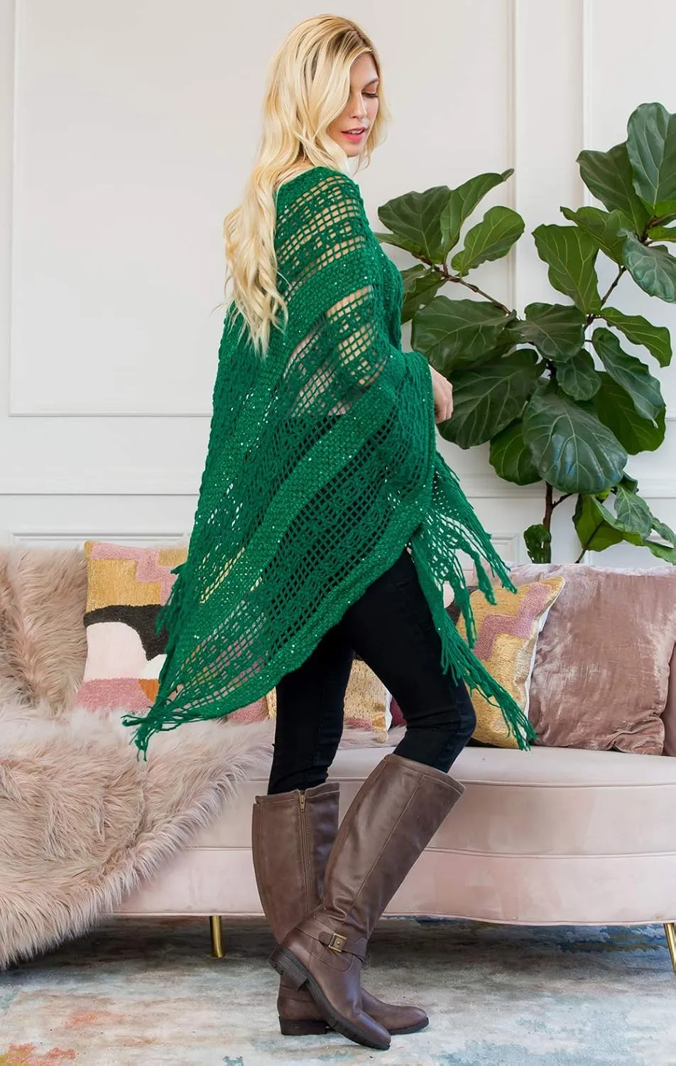 RIAH FASHION Bohemian Sequin Glitter Shawl Wrap Poncho - Kimono Cardigan, Sparkly Metallic Mesh Scarf, Open Knit Crochet