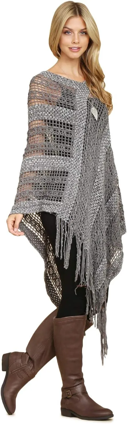 RIAH FASHION Bohemian Sequin Glitter Shawl Wrap Poncho - Kimono Cardigan, Sparkly Metallic Mesh Scarf, Open Knit Crochet
