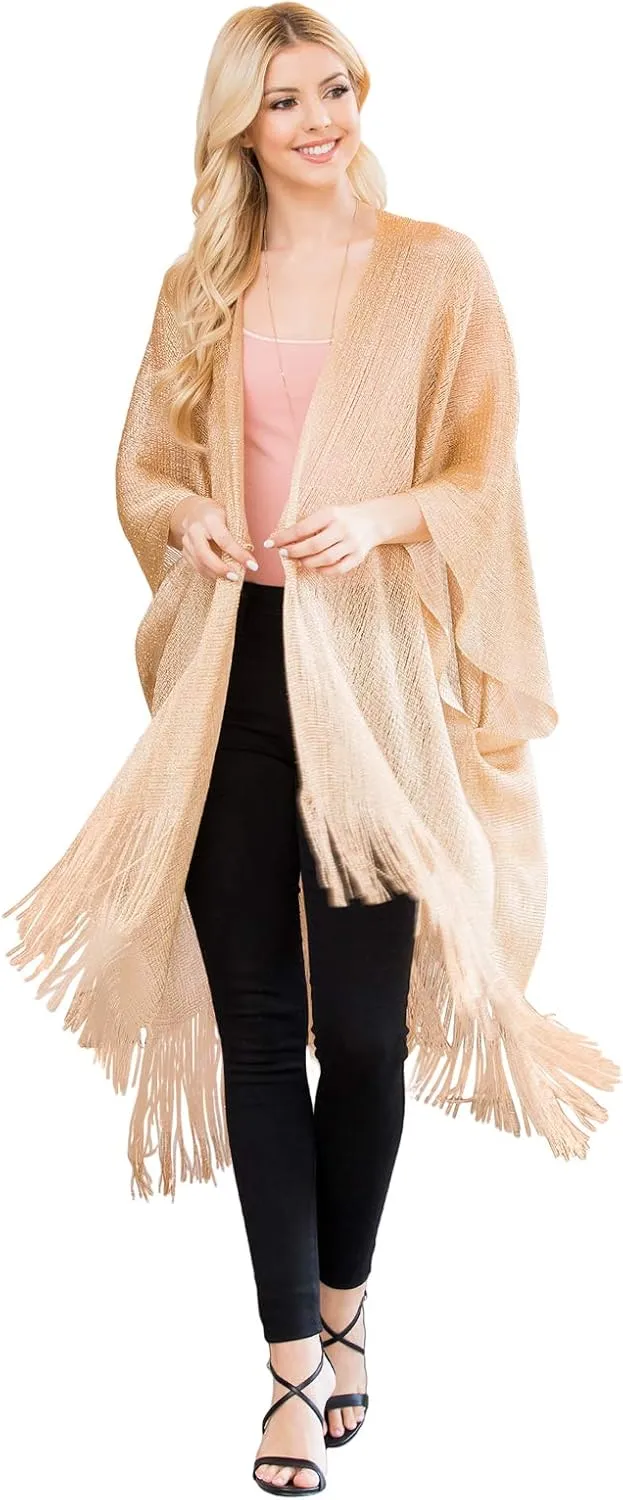 RIAH FASHION Bohemian Sequin Glitter Shawl Wrap Poncho - Kimono Cardigan, Sparkly Metallic Mesh Scarf, Open Knit Crochet