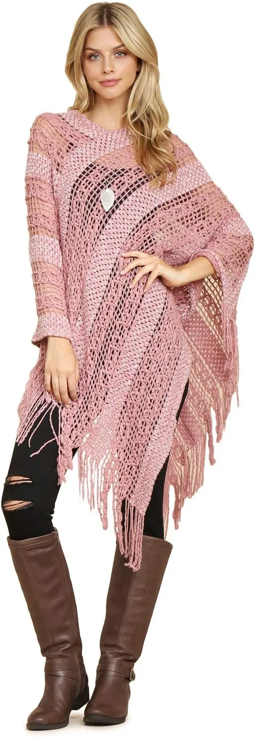 RIAH FASHION Bohemian Sequin Glitter Shawl Wrap Poncho - Kimono Cardigan, Sparkly Metallic Mesh Scarf, Open Knit Crochet