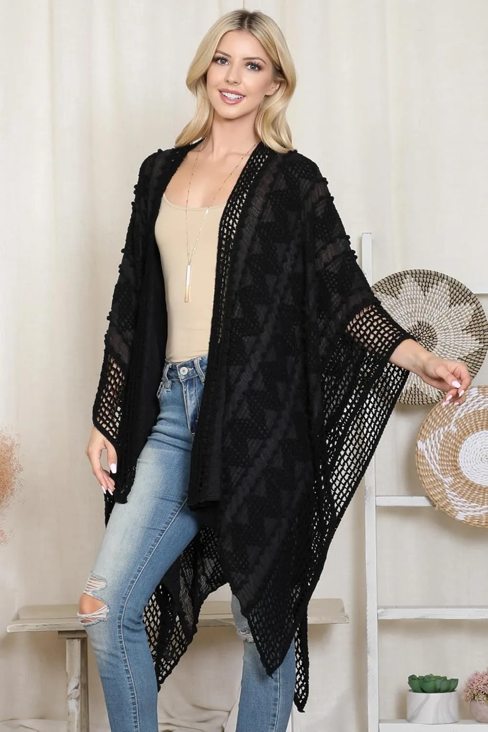 RIAH FASHION Bohemian Sequin Glitter Shawl Wrap Poncho - Kimono Cardigan, Sparkly Metallic Mesh Scarf, Open Knit Crochet