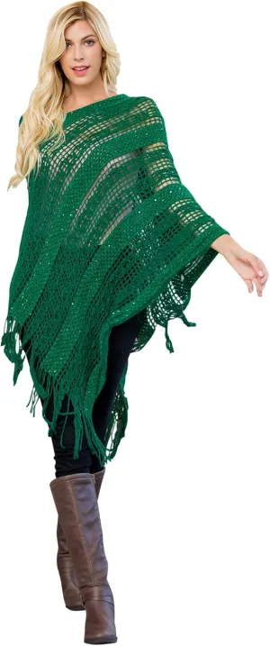 RIAH FASHION Bohemian Sequin Glitter Shawl Wrap Poncho - Kimono Cardigan, Sparkly Metallic Mesh Scarf, Open Knit Crochet
