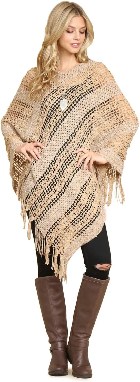 RIAH FASHION Bohemian Sequin Glitter Shawl Wrap Poncho - Kimono Cardigan, Sparkly Metallic Mesh Scarf, Open Knit Crochet