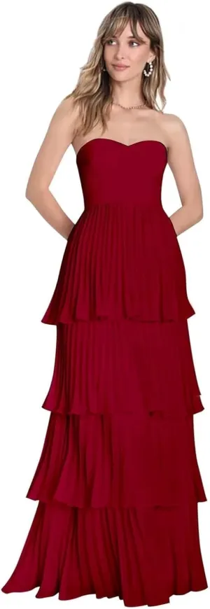 Ruffle Tiered Chiffon Prom Dresses Long Strapless Bridesmaid Dresses Sweetheart Formal Evening Gowns