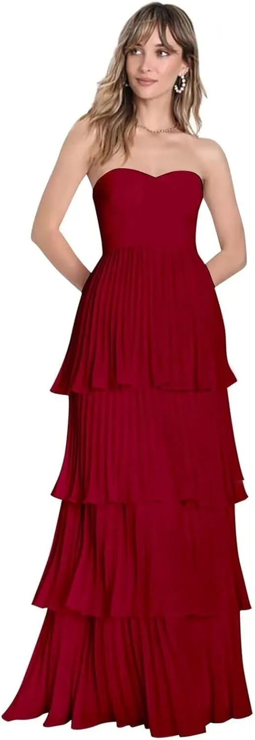 Ruffle Tiered Chiffon Prom Dresses Long Strapless Bridesmaid Dresses Sweetheart Formal Evening Gowns