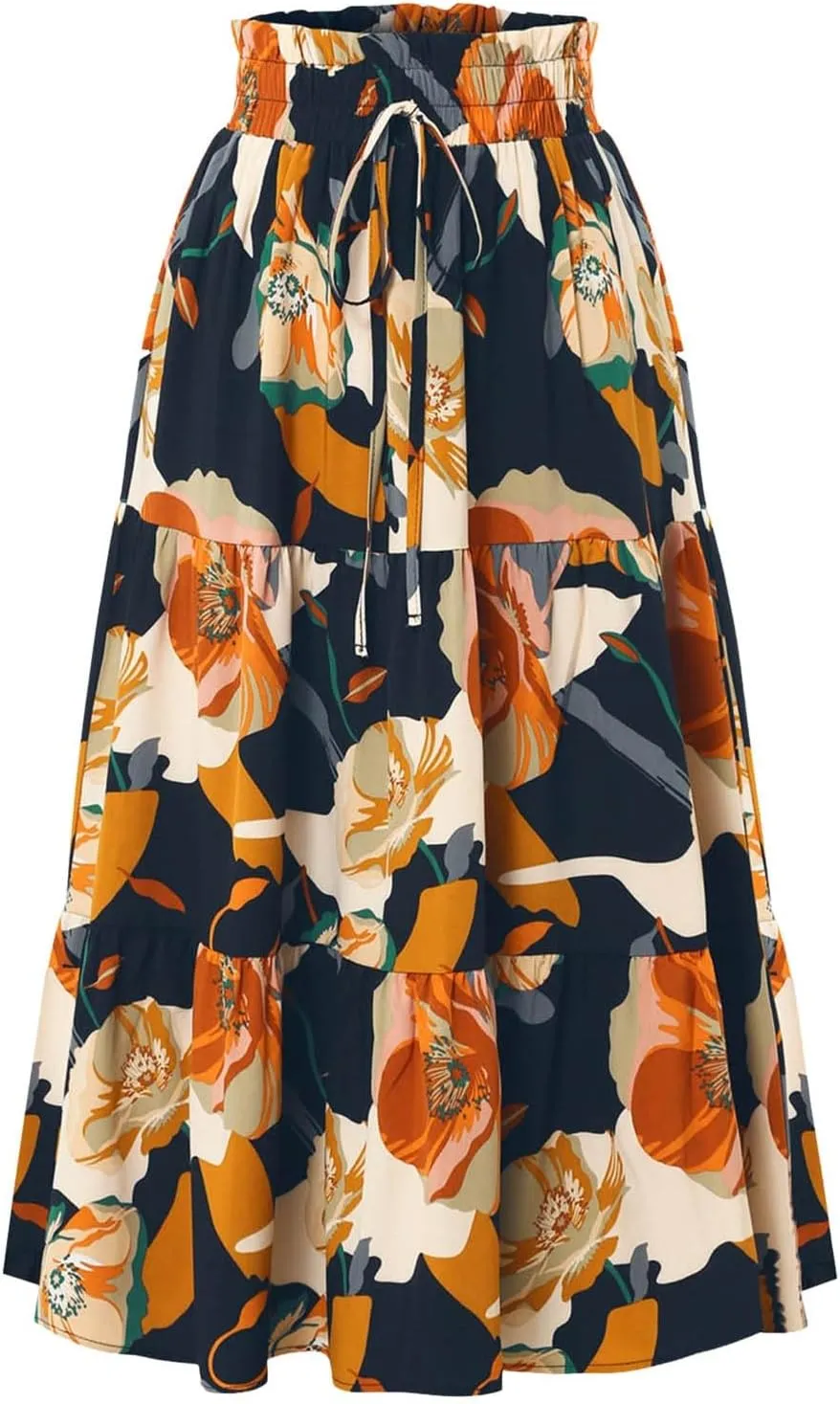 Rvidbe Summer Skirts for Women 2025,Women's Boho Floral Midi Skirt Elastic High Waisted Swing A-Line Tiered Beach Long Skirts