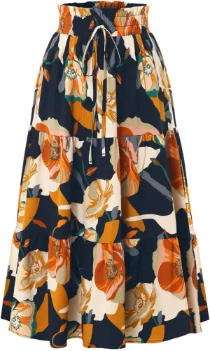 Rvidbe Summer Skirts for Women 2025,Women's Boho Floral Midi Skirt Elastic High Waisted Swing A-Line Tiered Beach Long Skirts