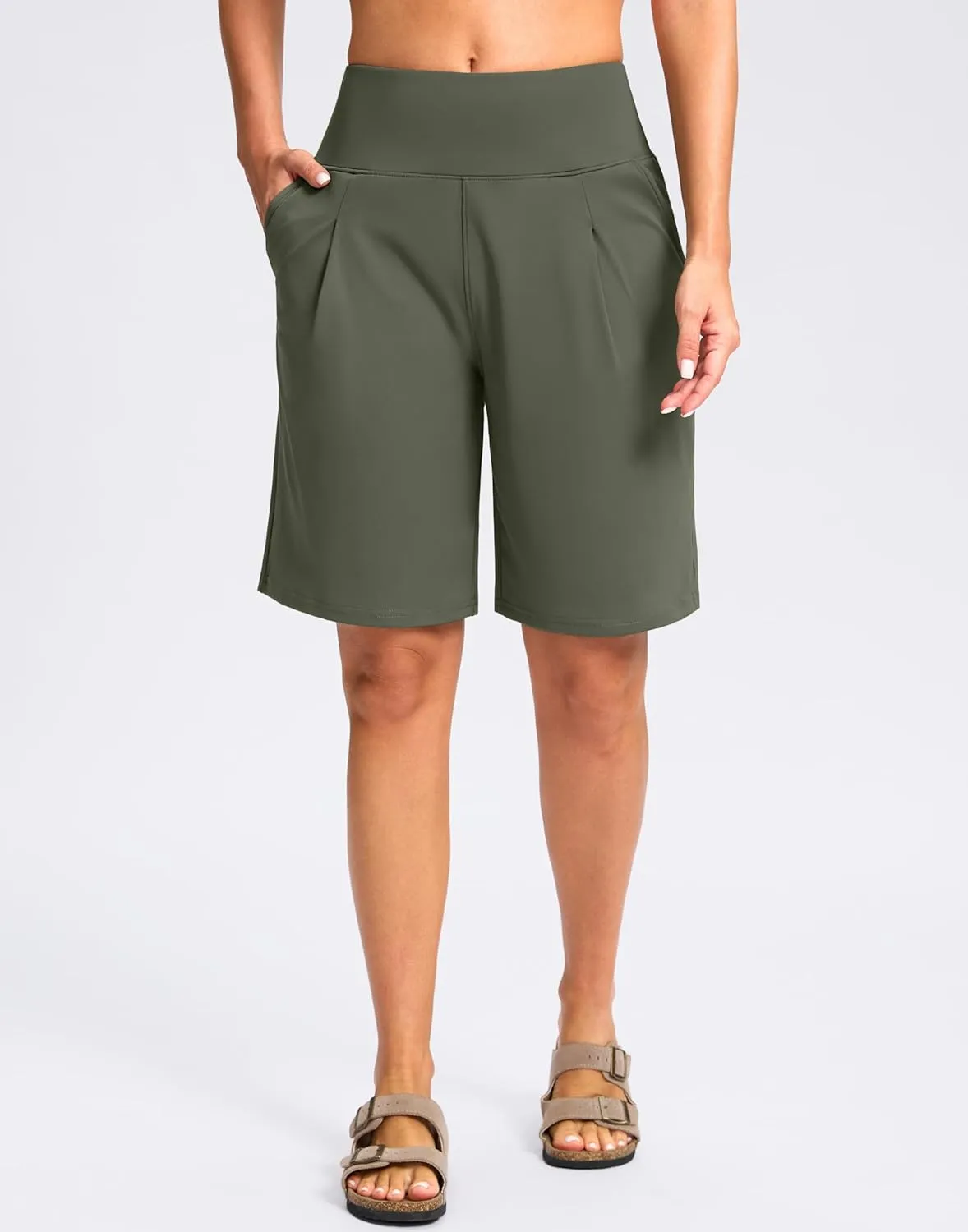 SANTINY Bermuda Shorts for Women Knee Length 9" High Waisted Pleated Casual Long Shorts with Pockets Walking Workout Athletic