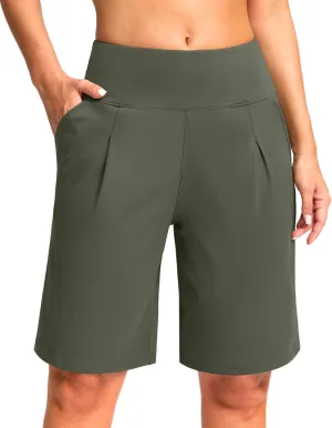 SANTINY Bermuda Shorts for Women Knee Length 9" High Waisted Pleated Casual Long Shorts with Pockets Walking Workout Athletic