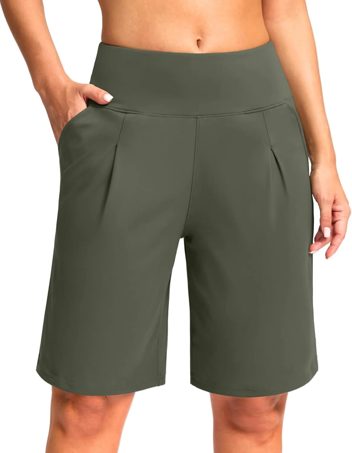 SANTINY Bermuda Shorts for Women Knee Length 9" High Waisted Pleated Casual Long Shorts with Pockets Walking Workout Athletic