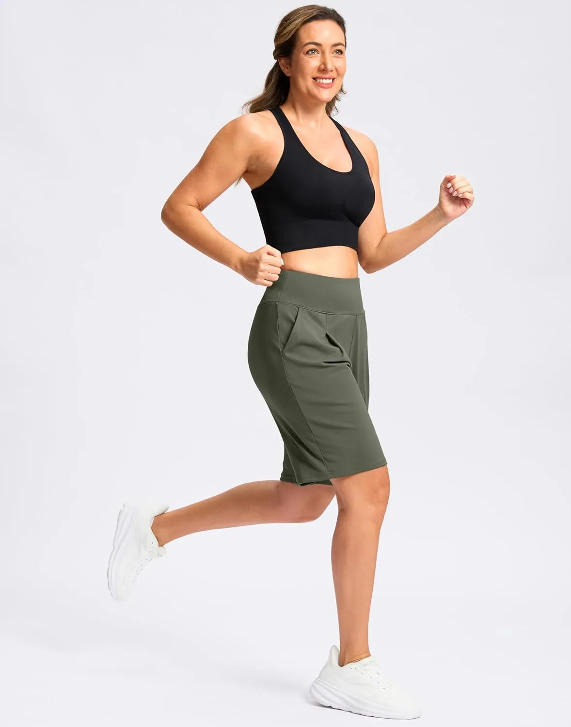 SANTINY Bermuda Shorts for Women Knee Length 9" High Waisted Pleated Casual Long Shorts with Pockets Walking Workout Athletic