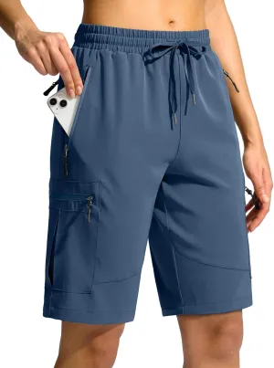SANTINY Women's 10'' Lightweight Hiking Cargo Shorts with 5 Zipper Pockets Quick Dry Summer Long Travel Golf Shorts for Women