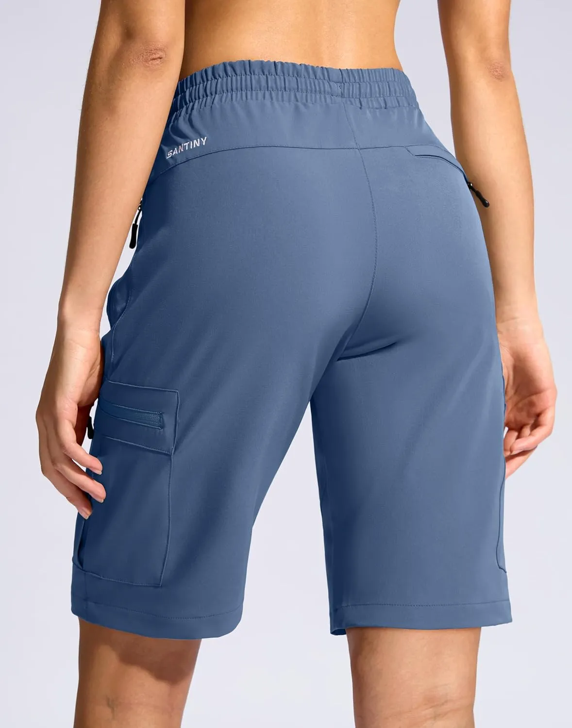 SANTINY Women's 10'' Lightweight Hiking Cargo Shorts with 5 Zipper Pockets Quick Dry Summer Long Travel Golf Shorts for Women