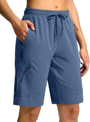 SANTINY Women's 10'' Lightweight Hiking Cargo Shorts with 5 Zipper Pockets Quick Dry Summer Long Travel Golf Shorts for Women