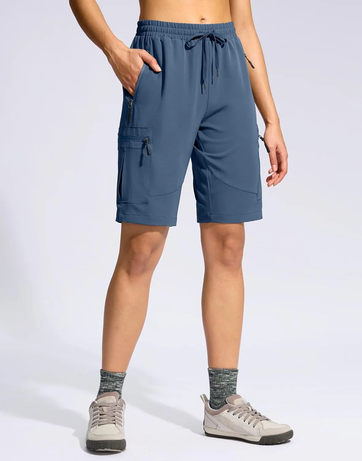SANTINY Women's 10'' Lightweight Hiking Cargo Shorts with 5 Zipper Pockets Quick Dry Summer Long Travel Golf Shorts for Women