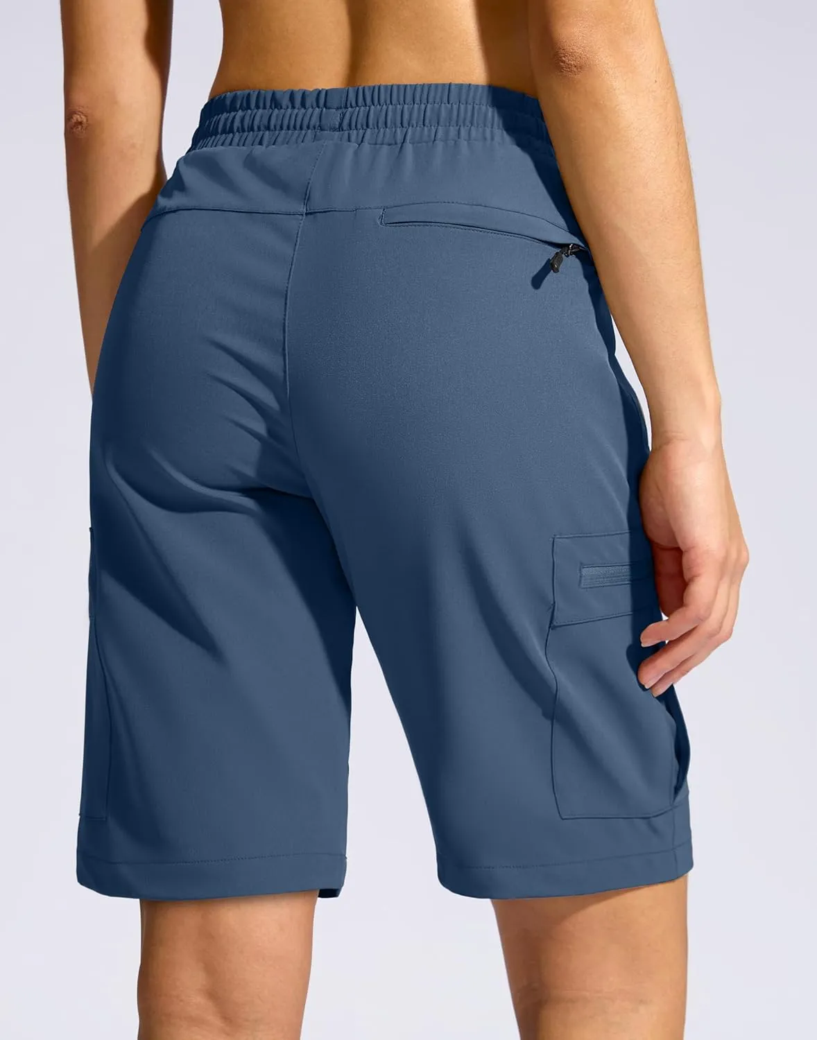 SANTINY Women's 10'' Lightweight Hiking Cargo Shorts with 5 Zipper Pockets Quick Dry Summer Long Travel Golf Shorts for Women