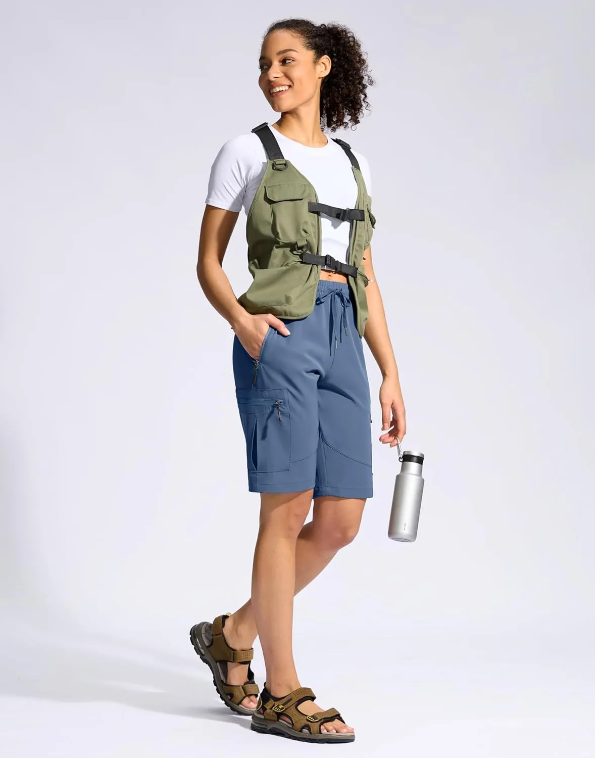 SANTINY Women's 10'' Lightweight Hiking Cargo Shorts with 5 Zipper Pockets Quick Dry Summer Long Travel Golf Shorts for Women