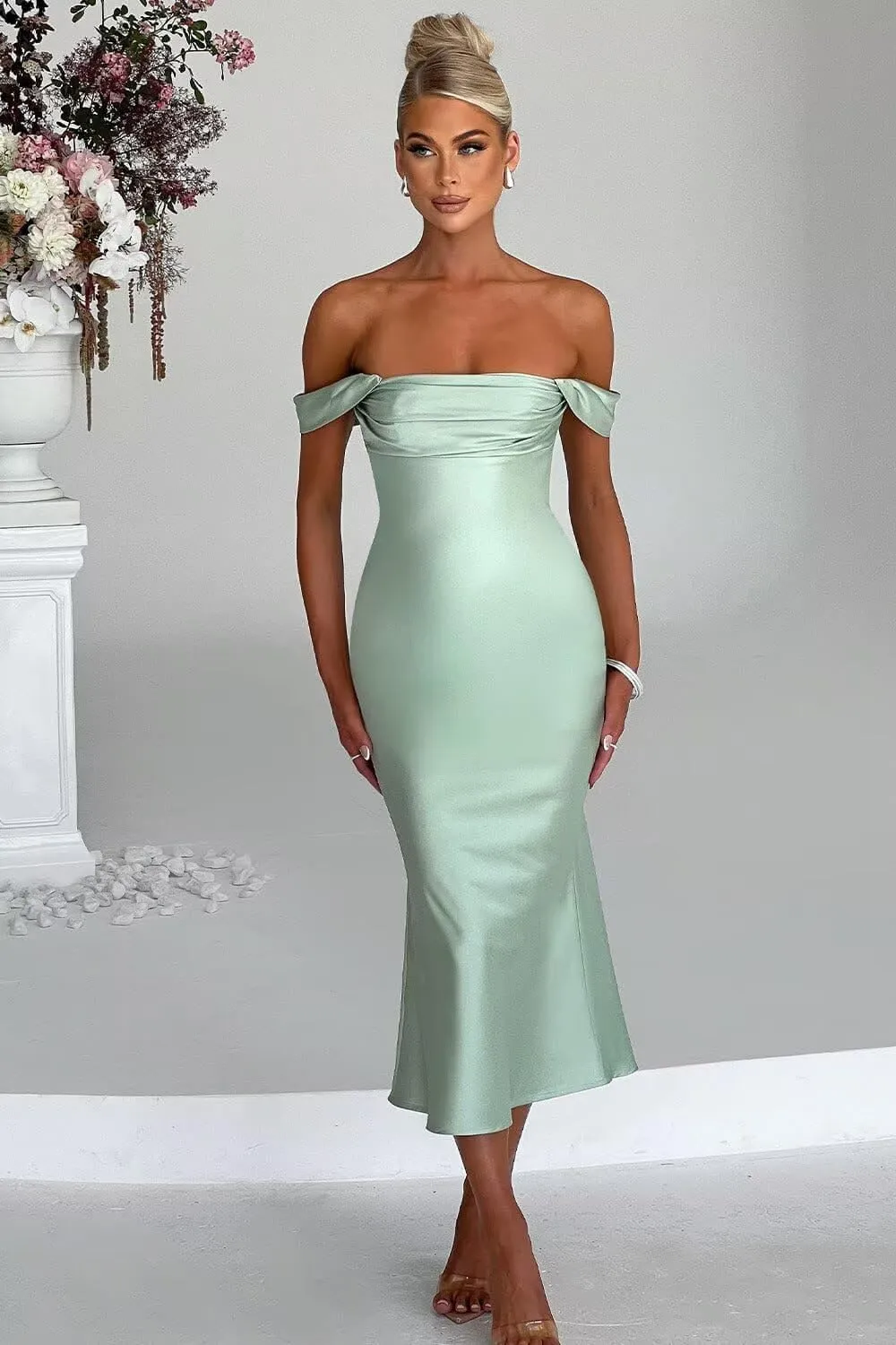 Satin Mermaid Prom Dresses Off Shoulder Bridesmaid Dresses Midi Formal Evening Party Gowns
