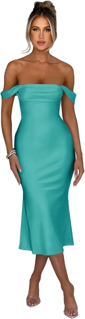 Satin Mermaid Prom Dresses Off Shoulder Bridesmaid Dresses Midi Formal Evening Party Gowns