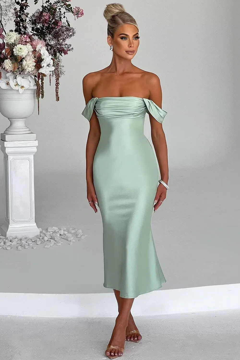 Satin Mermaid Prom Dresses Off Shoulder Bridesmaid Dresses Midi Formal Evening Party Gowns