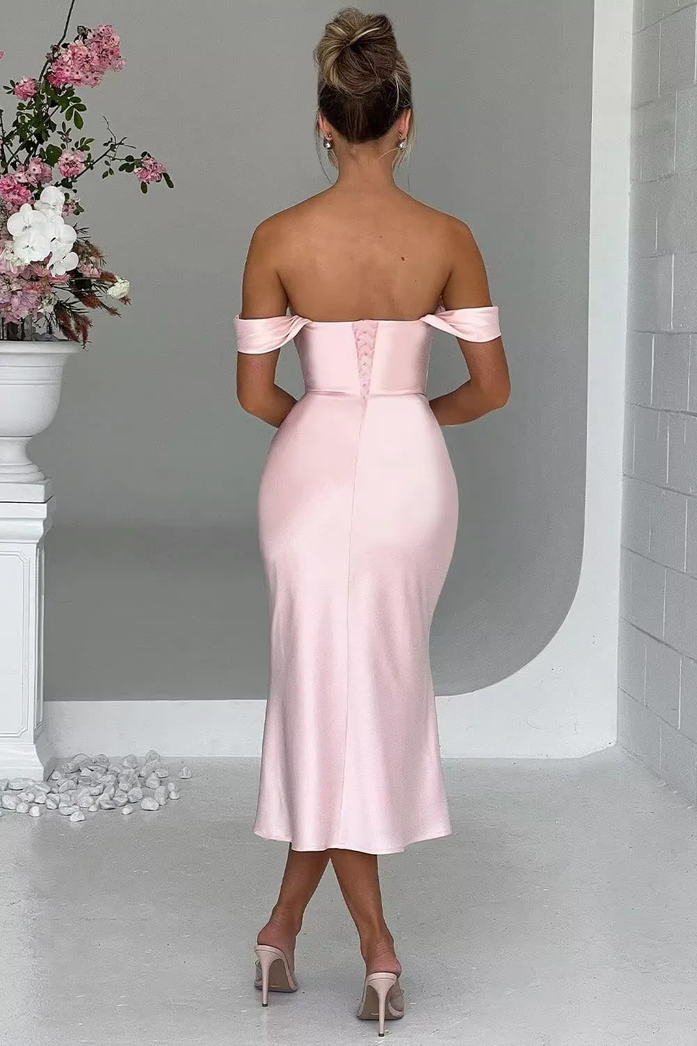 Satin Mermaid Prom Dresses Off Shoulder Bridesmaid Dresses Midi Formal Evening Party Gowns