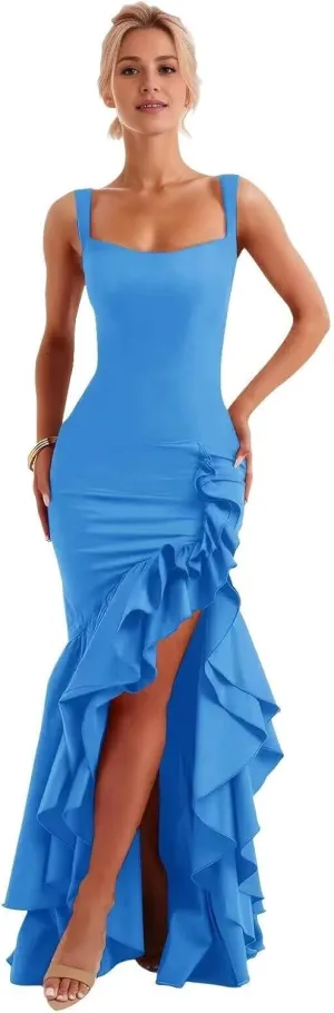 Satin Ruffle Prom Dress Long 2025 for Teens Mermaid Square Neck Formal Evening Party Gowns with Slit