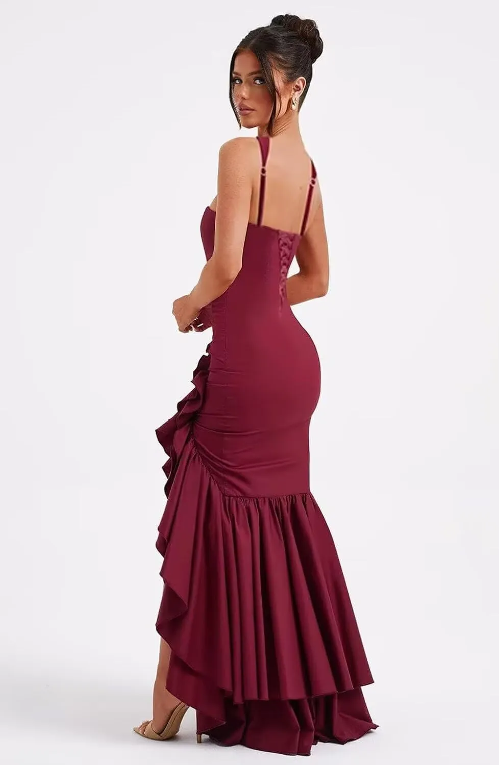 Satin Ruffle Prom Dress Long 2025 for Teens Mermaid Square Neck Formal Evening Party Gowns with Slit