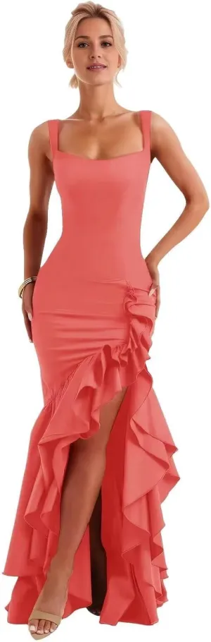 Satin Ruffle Prom Dress Long 2025 for Teens Mermaid Square Neck Formal Evening Party Gowns with Slit