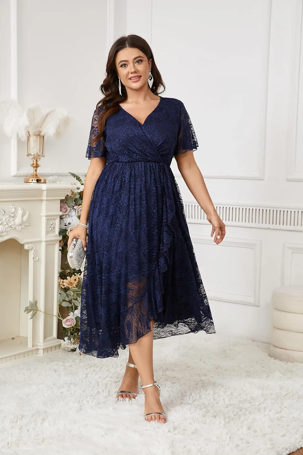 SCOMCHIC Womens Plus Size Wedding Guest Dress Formal Lace Faux Wrap V Neck High Low Short Sleeve Cocktail Maxi Dresses XL-4XL