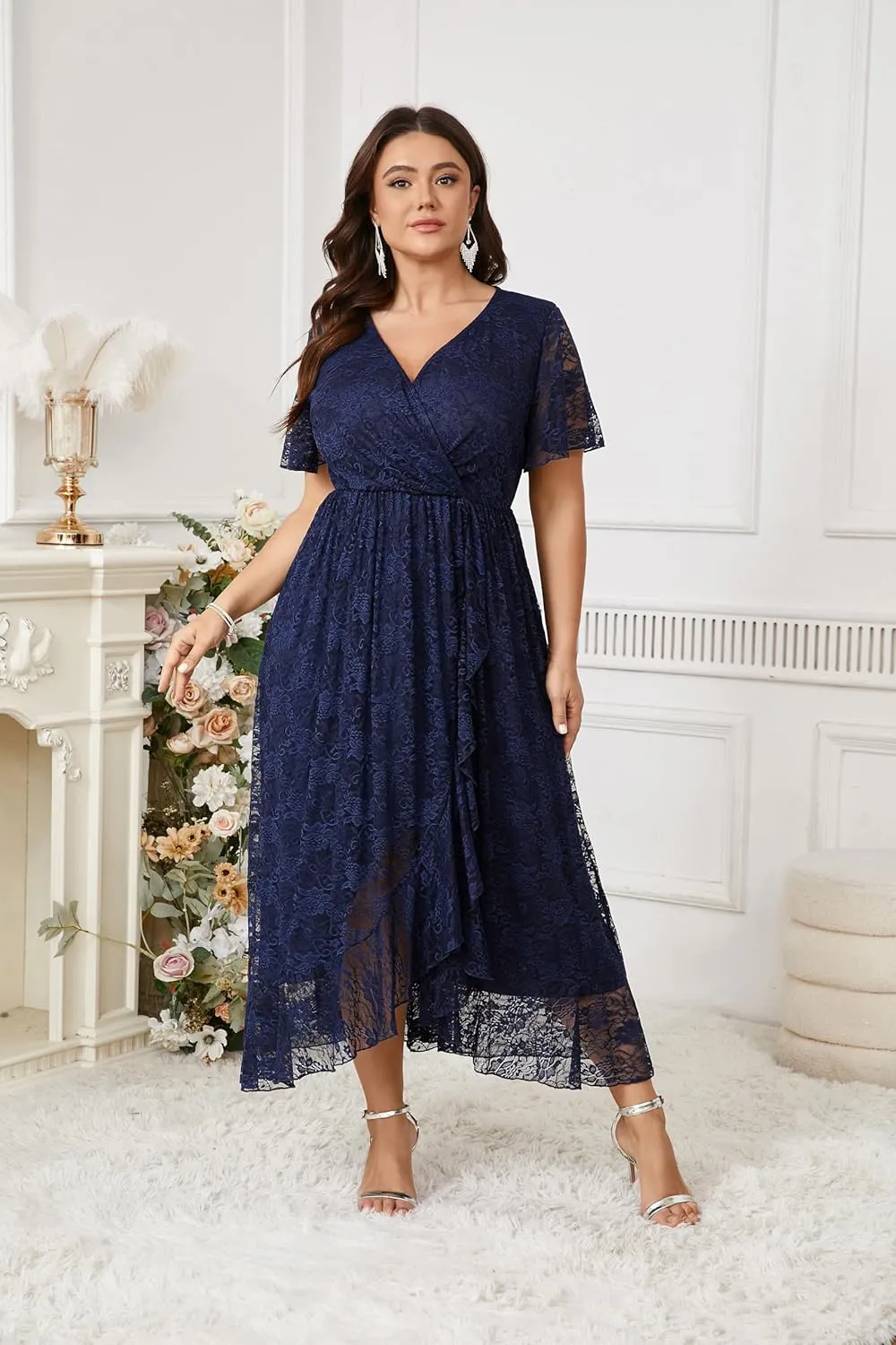 SCOMCHIC Womens Plus Size Wedding Guest Dress Formal Lace Faux Wrap V Neck High Low Short Sleeve Cocktail Maxi Dresses XL-4XL