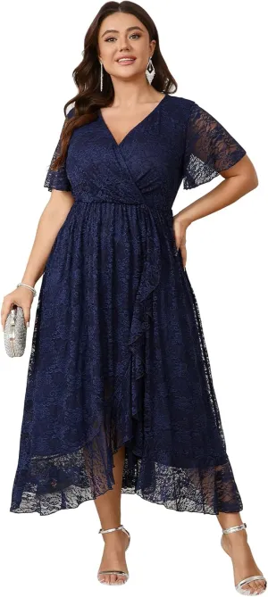 SCOMCHIC Womens Plus Size Wedding Guest Dress Formal Lace Faux Wrap V Neck High Low Short Sleeve Cocktail Maxi Dresses XL-4XL