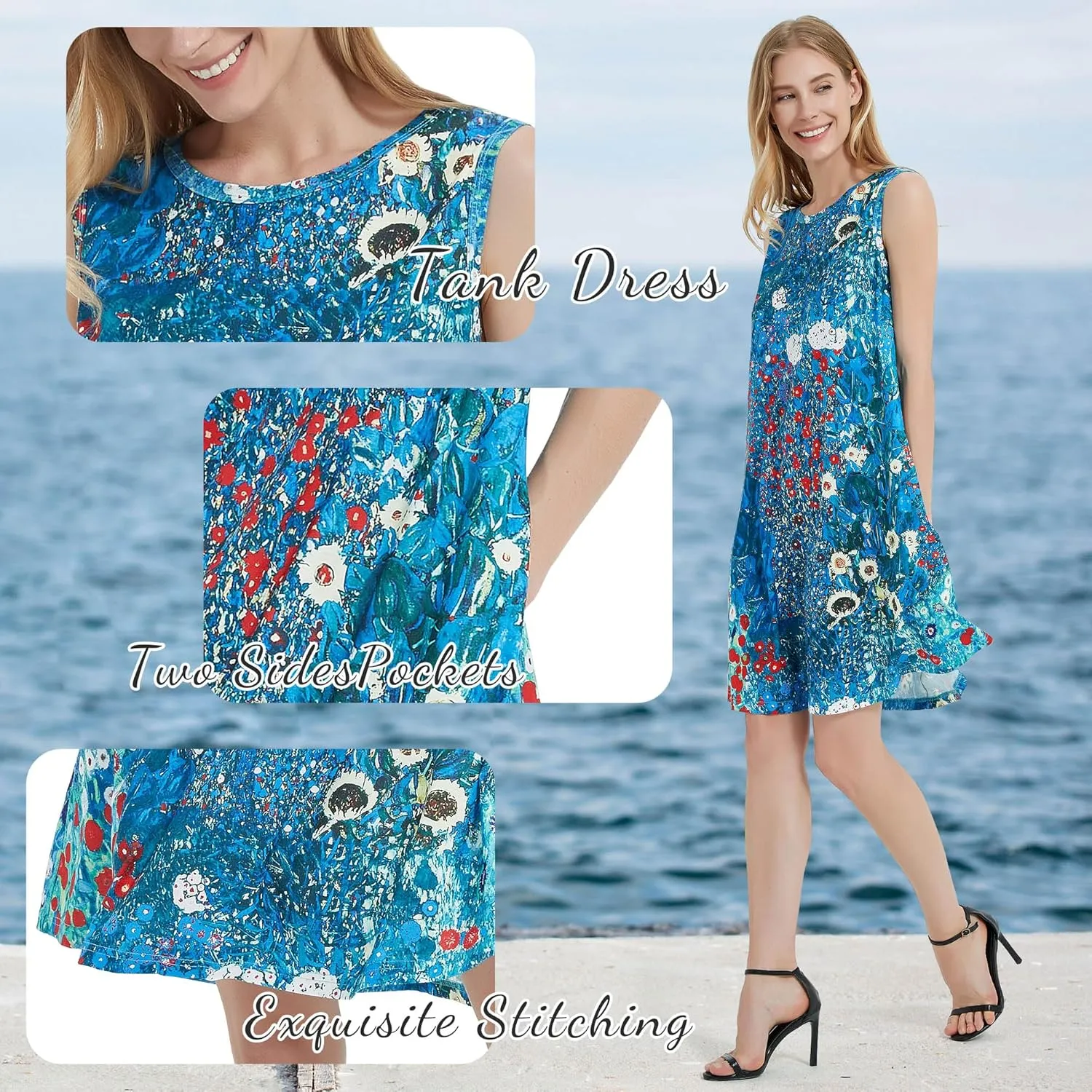 Scotamalone Summer Dresses for Women 2023 Beach Floral Tshirt Sundress Sleeveless Pockets Casual Loose Tank Dress
