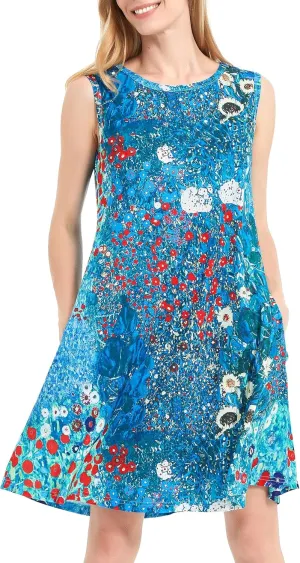 Scotamalone Summer Dresses for Women 2023 Beach Floral Tshirt Sundress Sleeveless Pockets Casual Loose Tank Dress