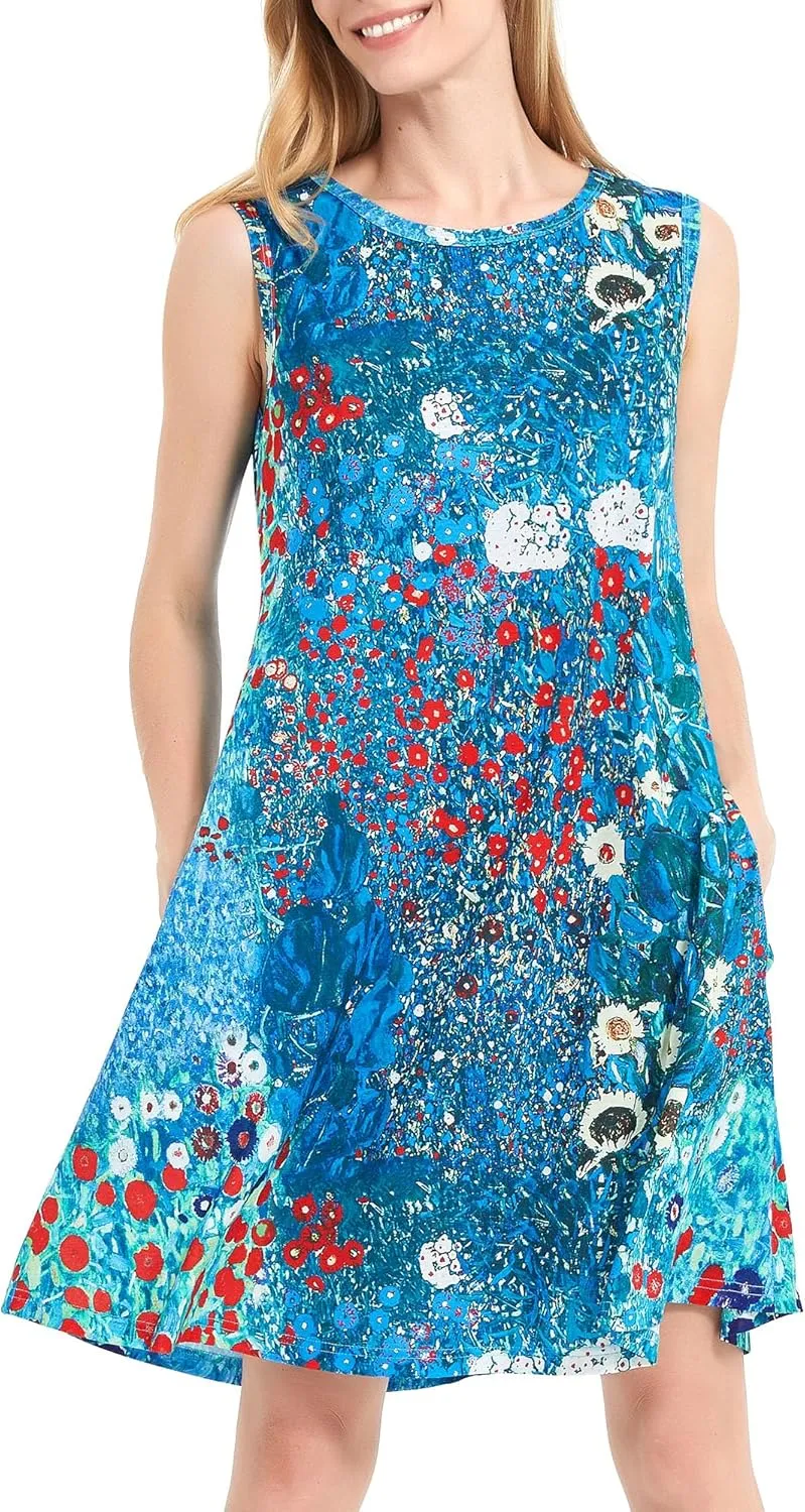 Scotamalone Summer Dresses for Women 2023 Beach Floral Tshirt Sundress Sleeveless Pockets Casual Loose Tank Dress