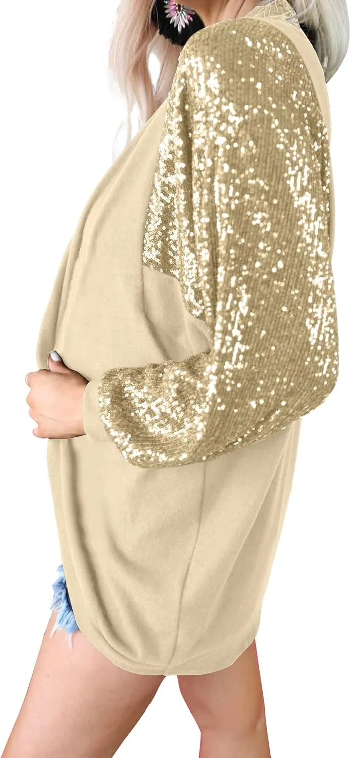 Sequin Cardigans for Women Sparkly New Year Tops Open Front Outerwear Coat Shimmer Glitter Loose Jackets