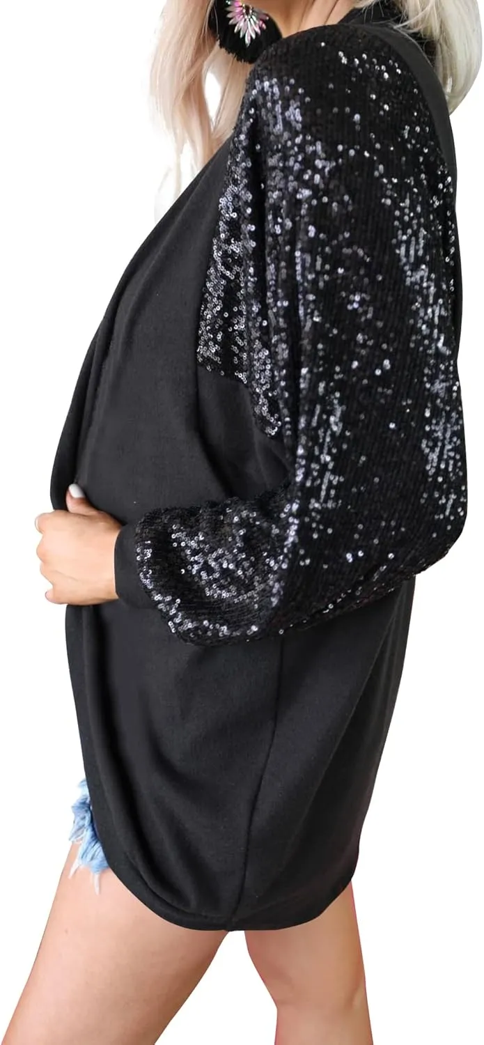 Sequin Cardigans for Women Sparkly New Year Tops Open Front Outerwear Coat Shimmer Glitter Loose Jackets
