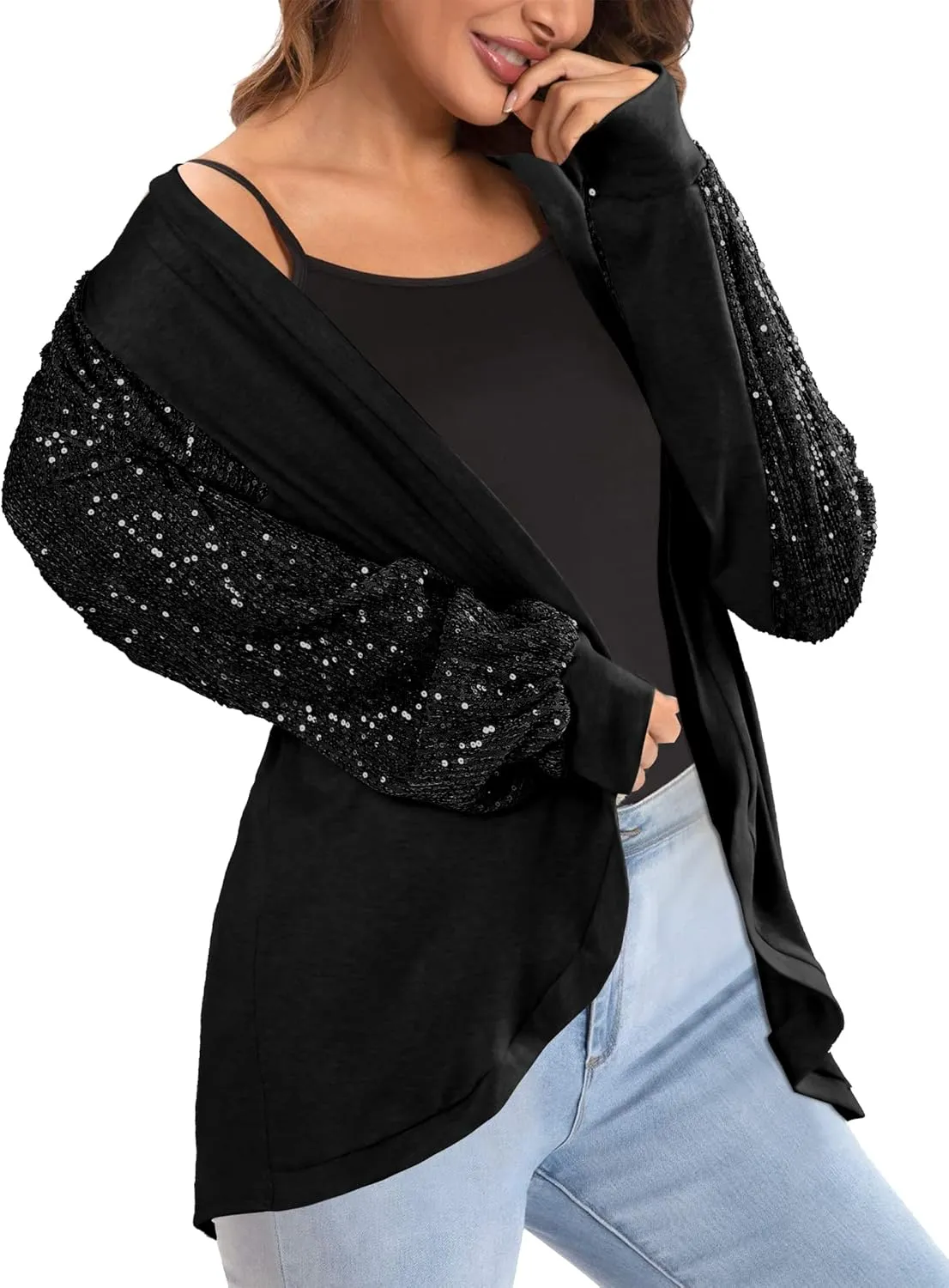 Sequin Cardigans for Women Sparkly New Year Tops Open Front Outerwear Coat Shimmer Glitter Loose Jackets