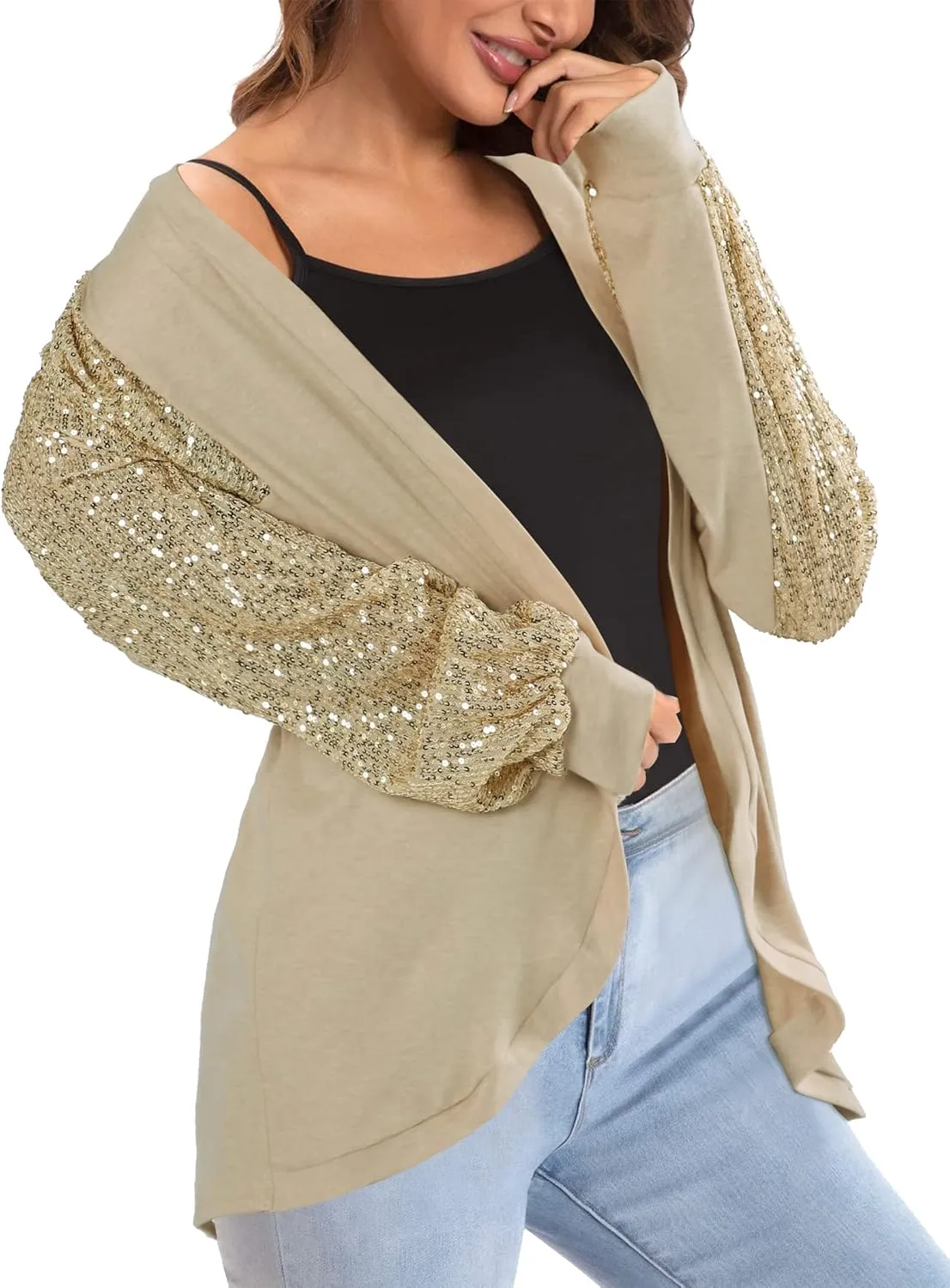 Sequin Cardigans for Women Sparkly New Year Tops Open Front Outerwear Coat Shimmer Glitter Loose Jackets