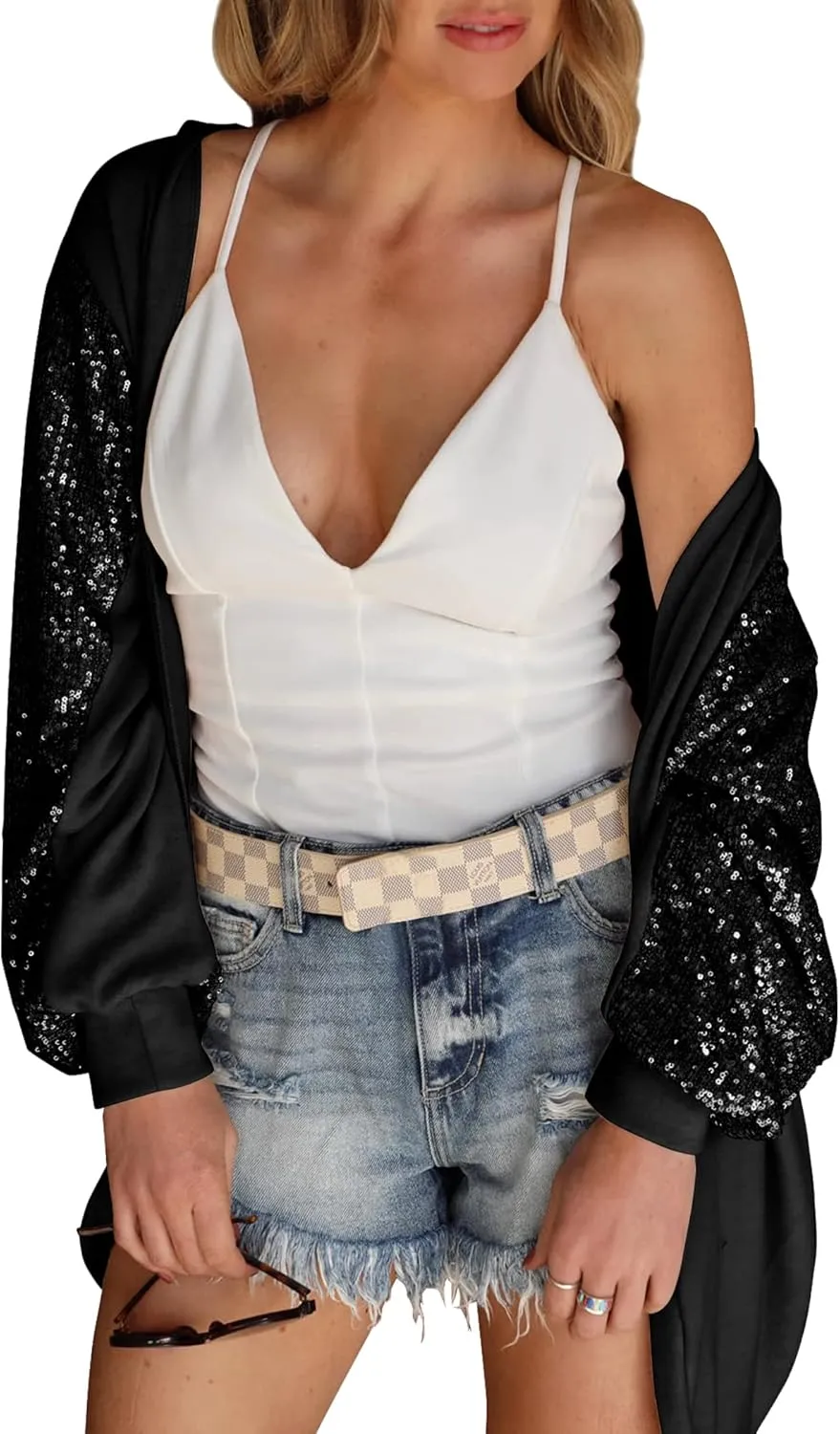 Sequin Cardigans for Women Sparkly New Year Tops Open Front Outerwear Coat Shimmer Glitter Loose Jackets